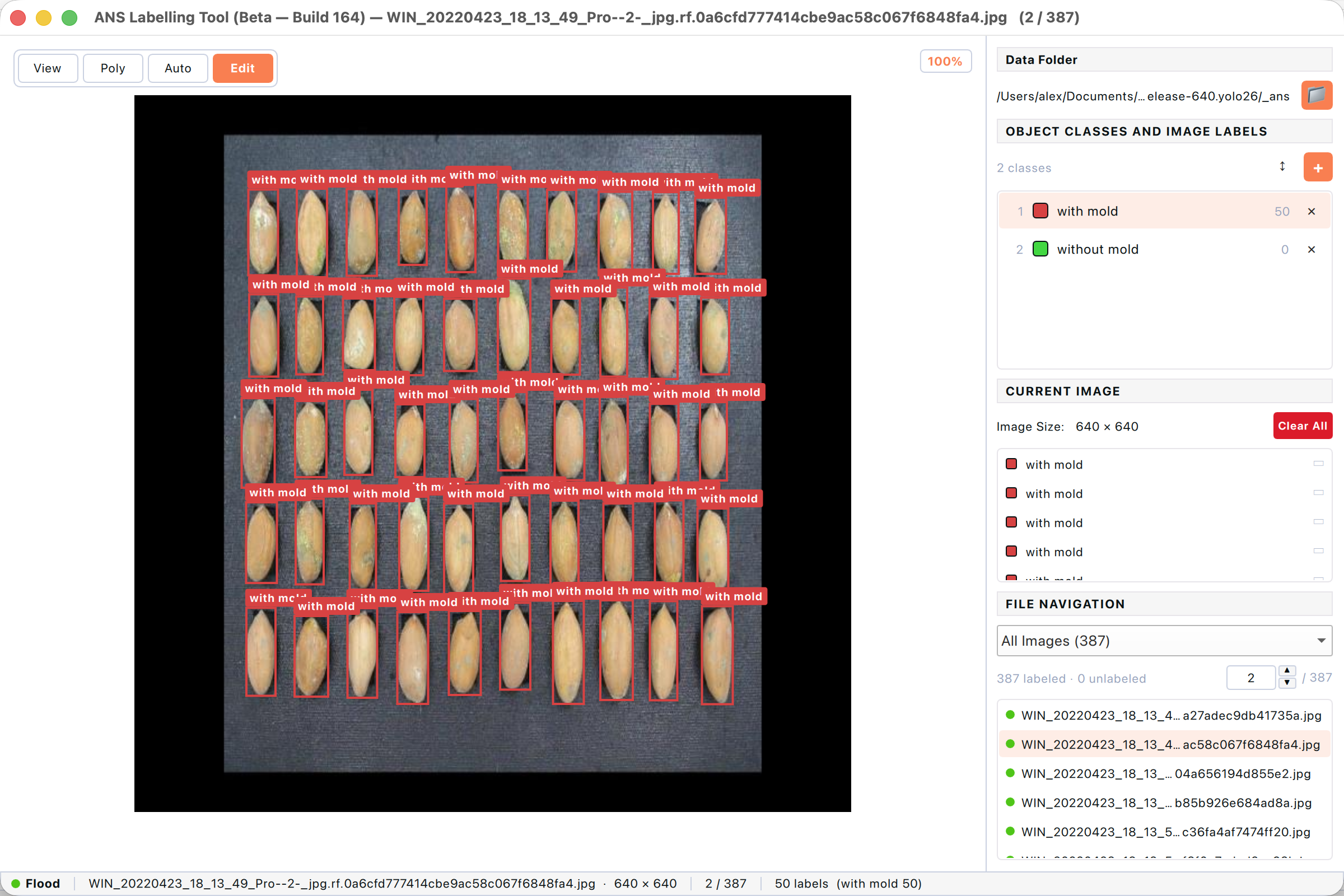 Edit mode active — the Edit button is highlighted, ready to select and modify labels.